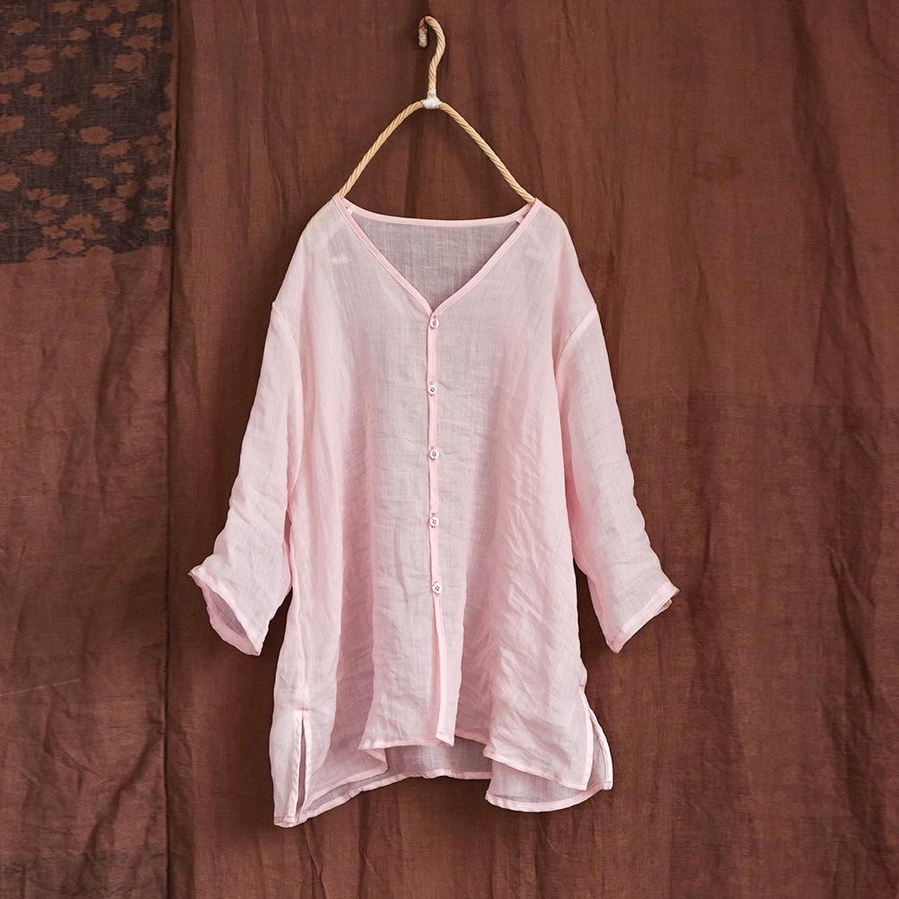 Johnature Женские винтажные рубашки в китайском стиле, топы, однотонные тонкие блузки, летние рубашки с семью рукавами и пуговицами