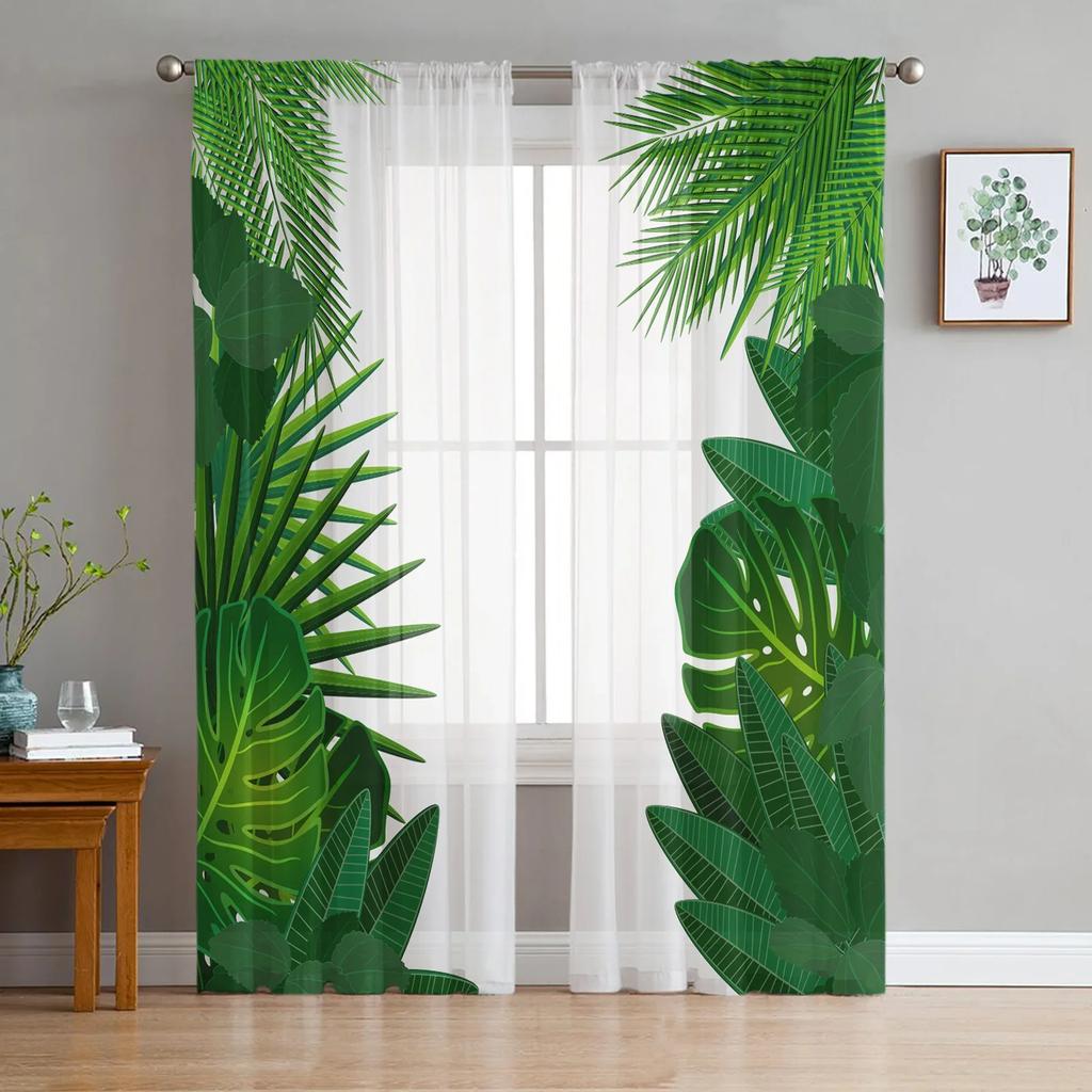Green Leaves Plant White Tulle Window Curtains Living Room Organza Yarn Sheer Voile Curtain Bedroom Kitchen Home Decor Drape