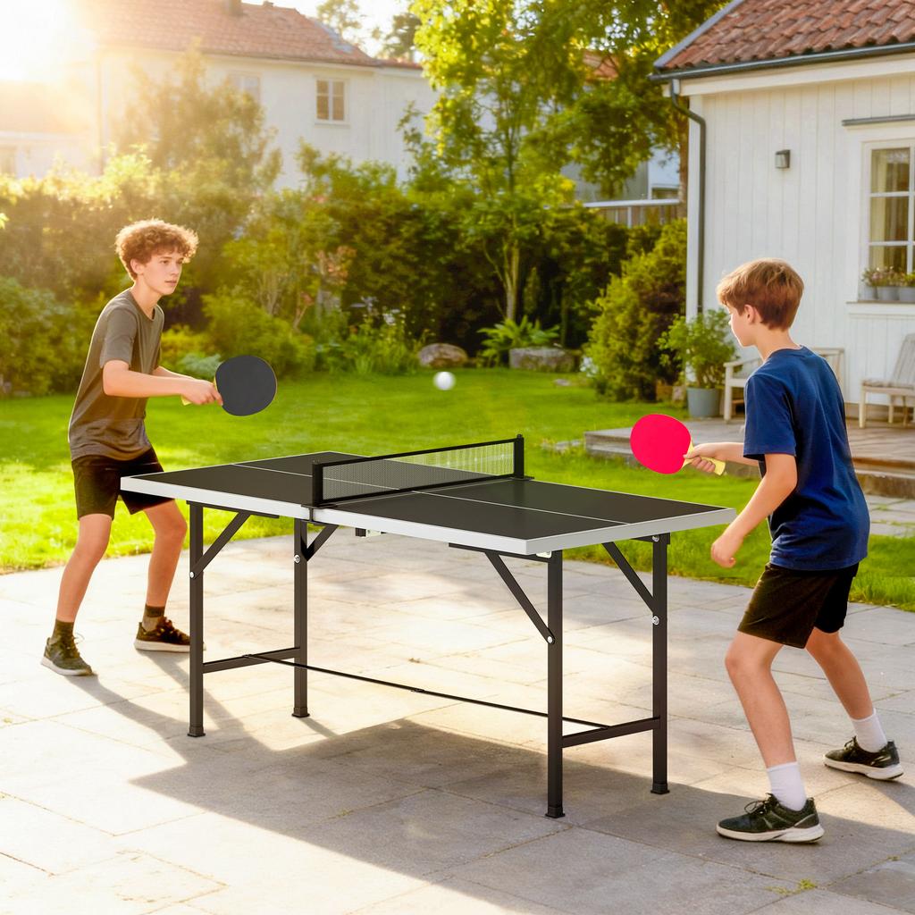 5ft Mid-Size Table Tennis Table, Ping Pong Table with Net, 2 Table Tennis Paddles and 3 Balls for Indoor Game, Black