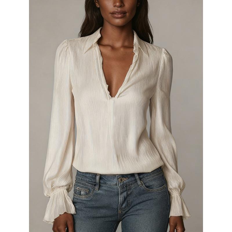 Women S Long Sleeve V Neck Solid Color Casual Blouse
