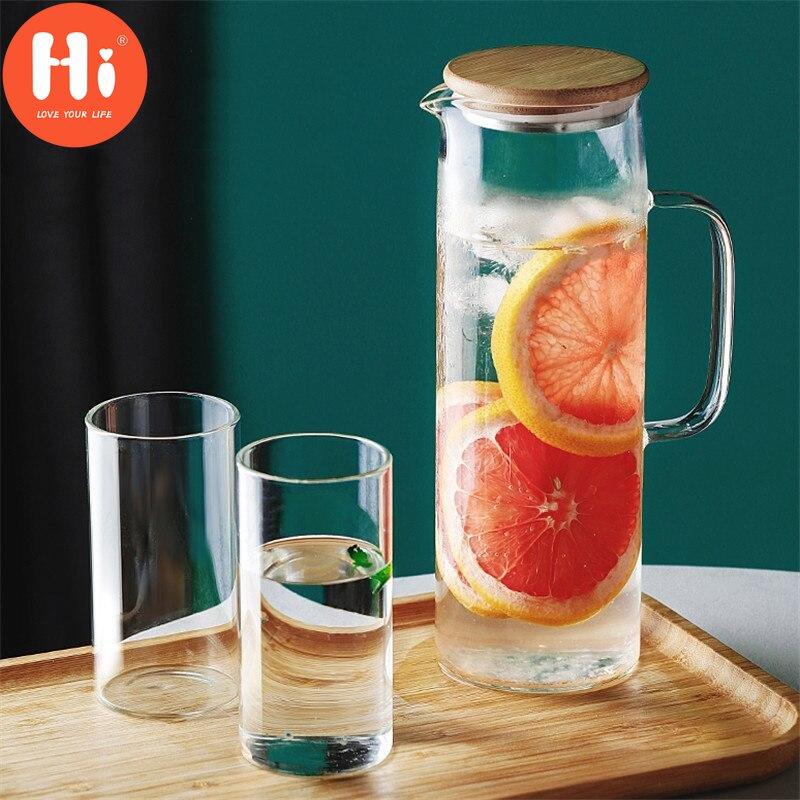 Hi Nordic Creative Transparent Glass Water Bottle Juice Jug High Capacity Heatable Tea Pot Kettle Heat-Resistant Leak-Proof Carafe