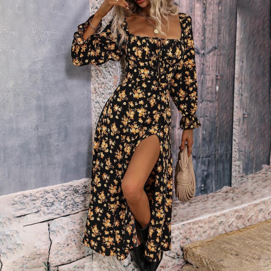 Women Autumn Winter Long Sleeve Flower Print Square Neck Casual A-Line Ankle-Length High Waist Dress
