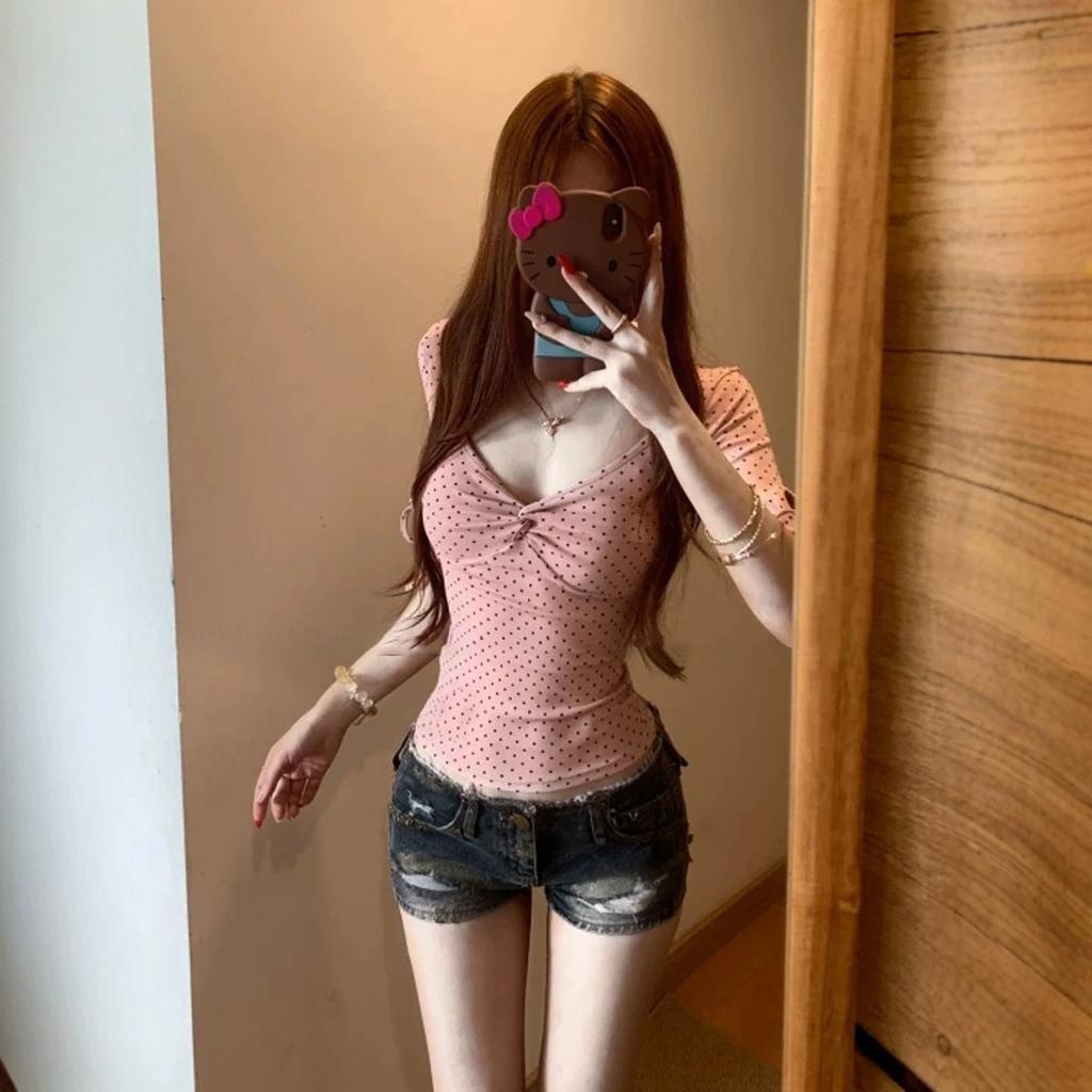 American Spice Girl Pink V-Neck Front Shoulder Polka Dot Twist Short Sleeve T-Shirt Women's Summer Waist Skinny Pure Desire Short Top