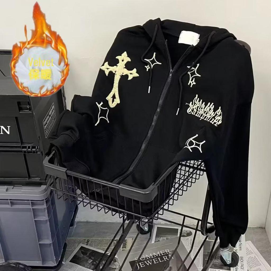 Cross Flame Embroidered Retro Hip Hop Unisex Cardigan Jacket