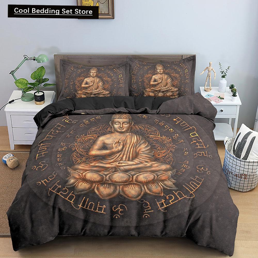 Комплект постельного белья Будда Индийская религия Буддизм Медитация Мандала Пододеяльник Улыбка Будды Цветочный мягкий пододеяльник Queen King Size