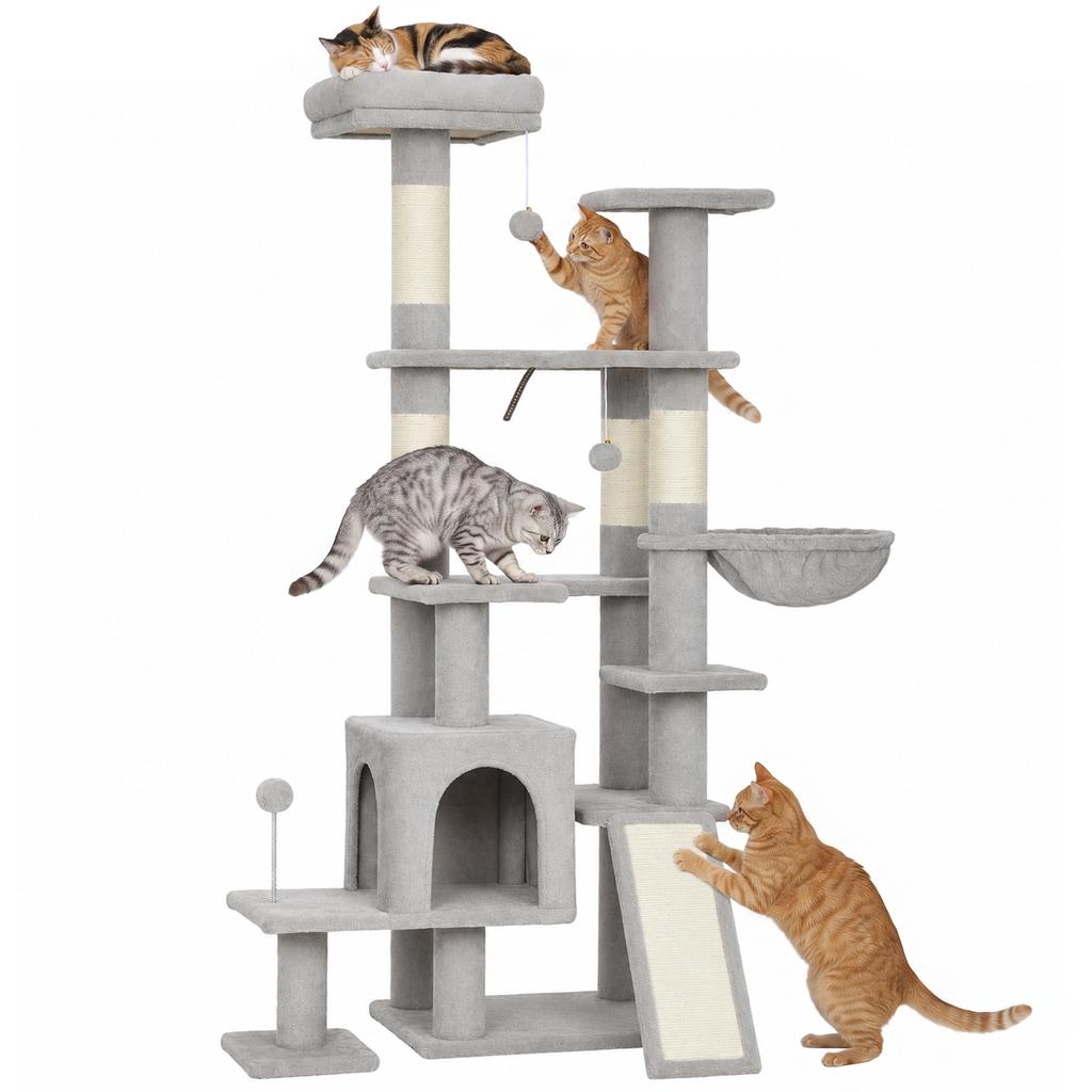 Large Cat Tree 152 Cm High With Scratching Posts Caves 2 Entrances 3 Balls Hammock 6 Kg Light Gray