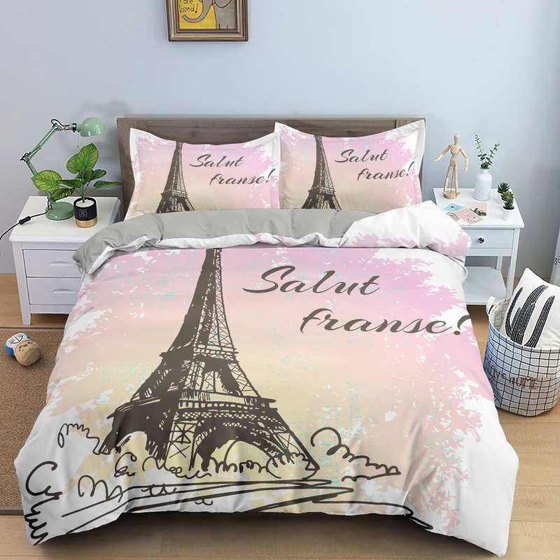 Paris Tower King Queen Duvet Cover Famous Buildings In France Bedding Set For Adults Pink Romantic 2/3pcs Polyester Quilt Cover