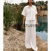 Minimalist Short Sleeve Lapel Short Shirt 8017741 High Waist Distressed Style Wide Leg Casual Trousers 8330741