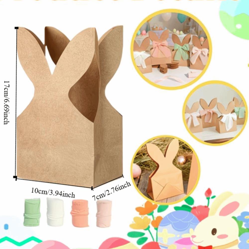 12PCS Cartoon Easter Rabbit Candy Gift Box with Ribbon Bow 3D Bunny Ear Rabbit Cookie Bag Kraft Paper DIY Party Favor Bag