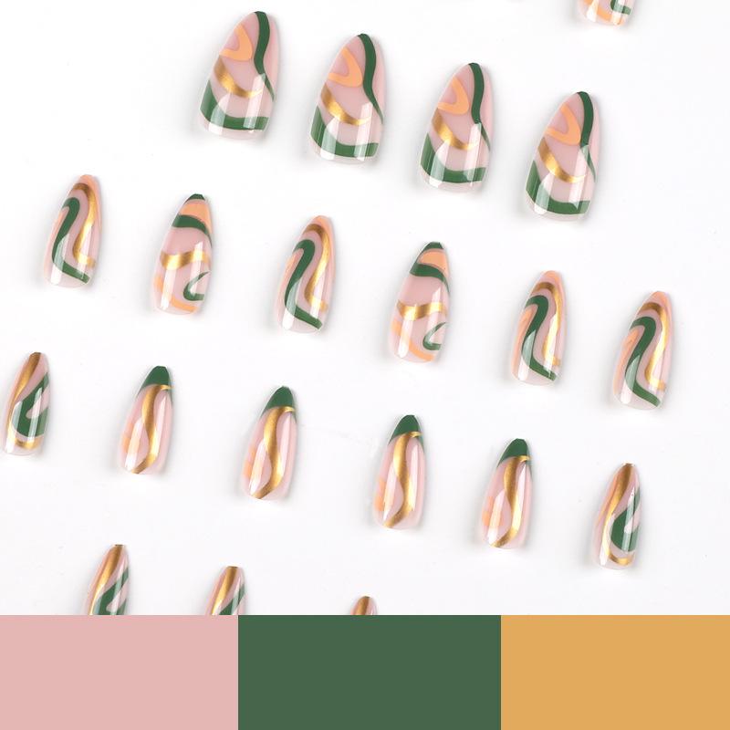 24Pcs/Set Quick Nails Brown Green Waves False Nials Sticker Wearable Waterproof Manicure Finished Nails