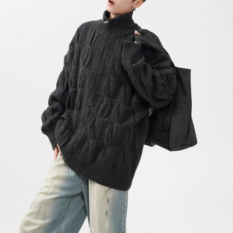 Unisex Vintage Half Turtleneck Cable Knit Cardigan Sweater Loose Fit Winter Casual Zip-Up Outerwear