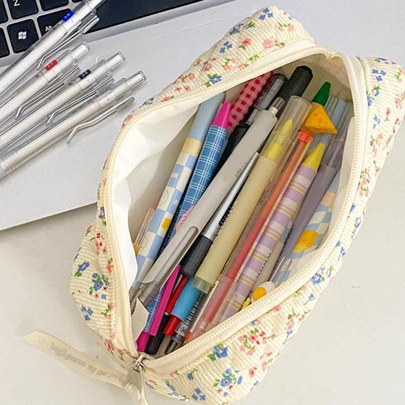 Kawaii Pencil Case Korean Style Simple Floral Pencil Pouch For Girl Soft Cotton Large Capacity Stationery Storage Bag