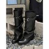 Pants boots women's autumn new pointed belt buckle medium tube knight boots niche retro but knee boots