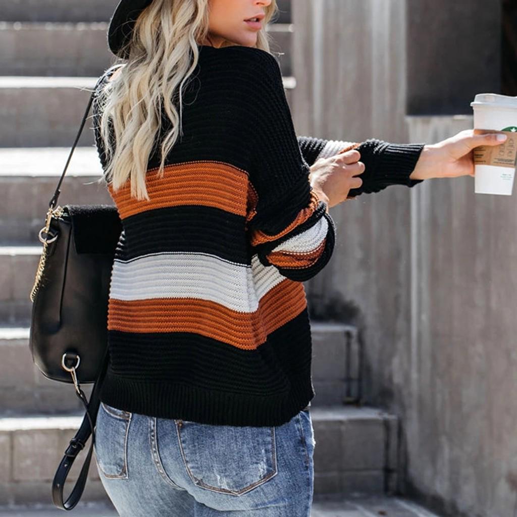 Женский повседневный свободный вязаный пуловер в полоску с длинными рукавами и цветными блоками