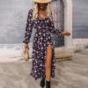 Women Autumn Winter Long Sleeve Flower Print Square Neck Casual A-Line Ankle-Length High Waist Dress