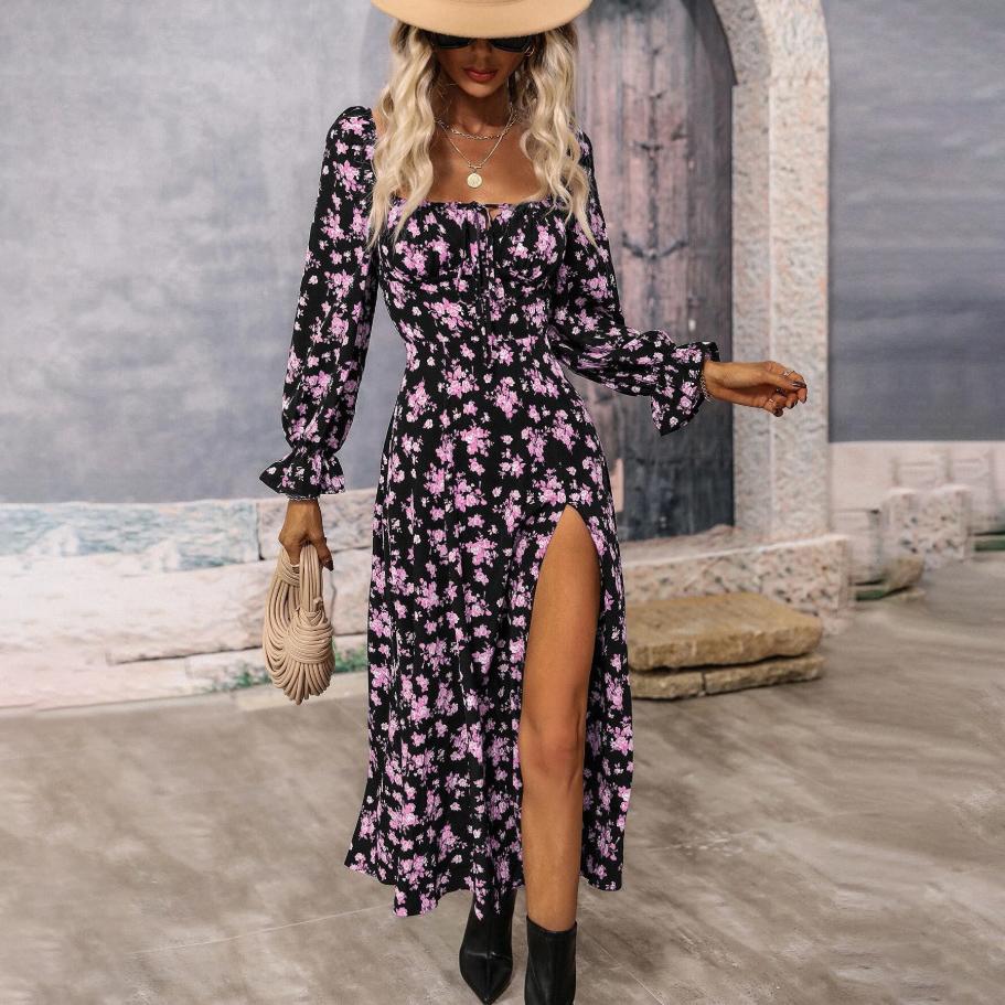 Women Autumn Winter Long Sleeve Flower Print Square Neck Casual A-Line Ankle-Length High Waist Dress