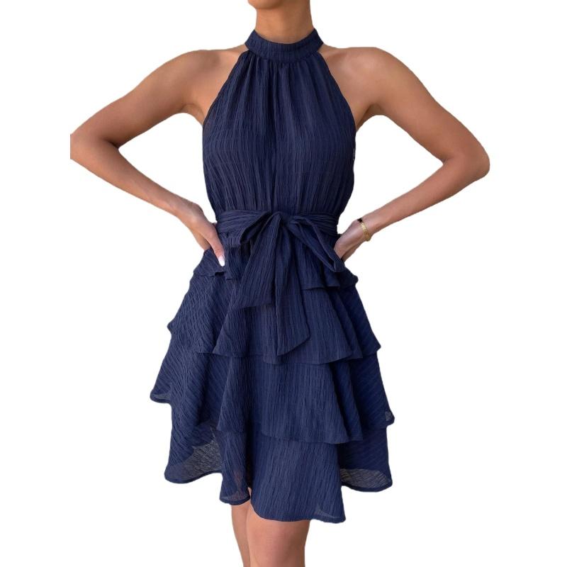 Новое летнее европейское и американское женское платье без рукавов с рюшами и висячим вырезом с круглым вырезом, платье S-XL