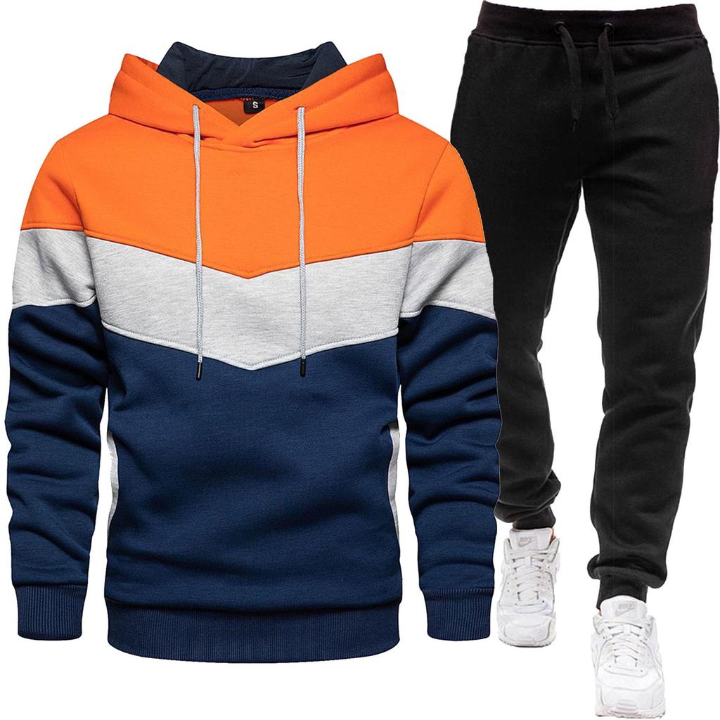 2024 Men's Fashion Spliced Hooded Sweatshirt & Long Pants Two-Piece Sports Suit for Autumn/Spring