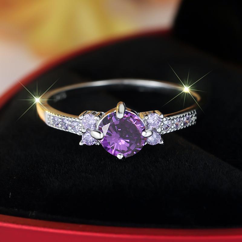 Cute Purple Cubic Zirconia Ring Wedding Accessories 925 Sterling Silver Promise Ring Women's Anniversary Gift Charm Jewelry