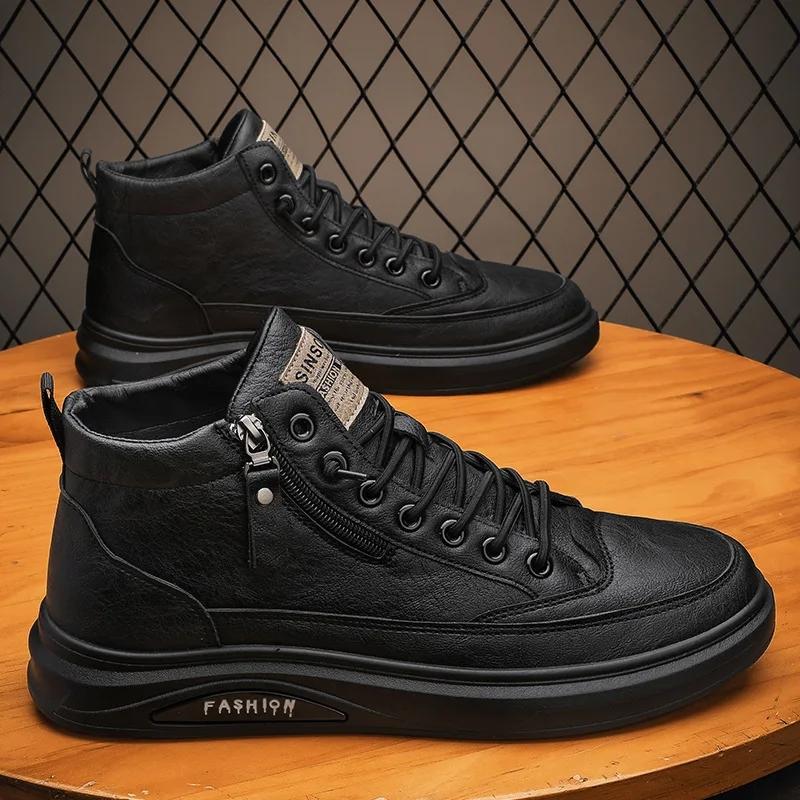 Fashion 2024New Men Boots Autumn High Top Leather Casual Shoes Fashion Cotton Shoes Flat Ankle Boots Business Outdoor Shoes Man Sneakers