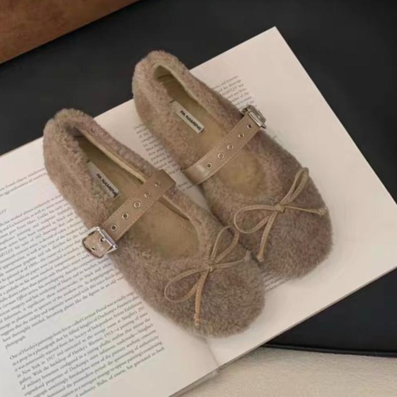 Мода Мех Женские Балетки Туфли Бант Замшевые Лоферы Короткий Плюш Повседневная Спортивная Обувь 2025 Зима Женские Кроссовки Новая Мода Для Ходьбы Zapatos