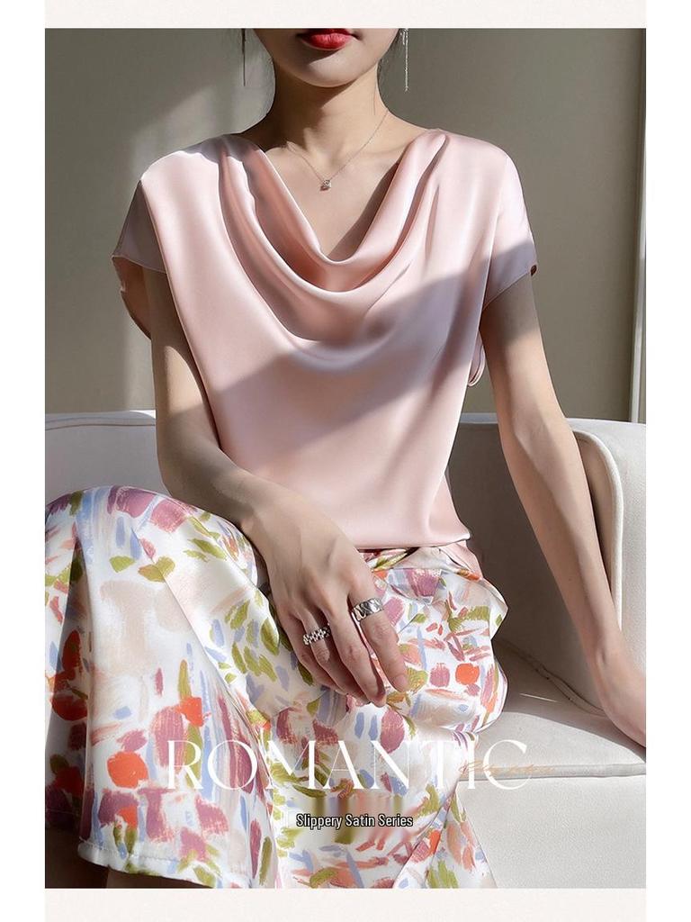 Women's Plus Size Cowl Neck Ice Silk Short Sleeve Loose-Fit Top