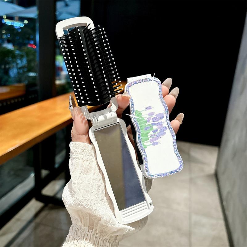 Печать Тюльпан Складная Расческа-подушка безопасности Портативная Портативная Массажная расческа-подушка безопасности Женская Специальная Расческа 2-в-1 с зеркалом для макияжа