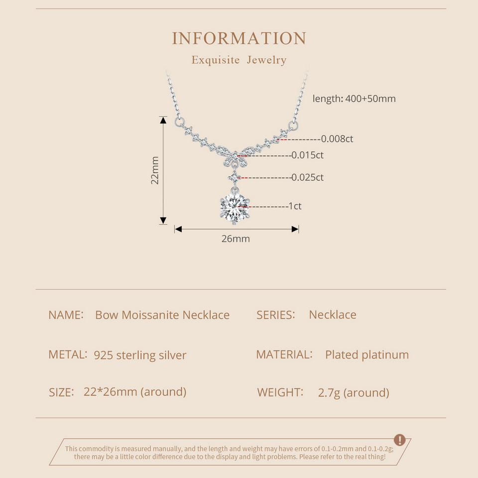 BAMOER 1CT каплевидное муассанитовое ожерелье с бантом-цепочкой, ожерелье из стерлингового серебра 925 пробы для женщин, свадебный подарок на День святого Валентина