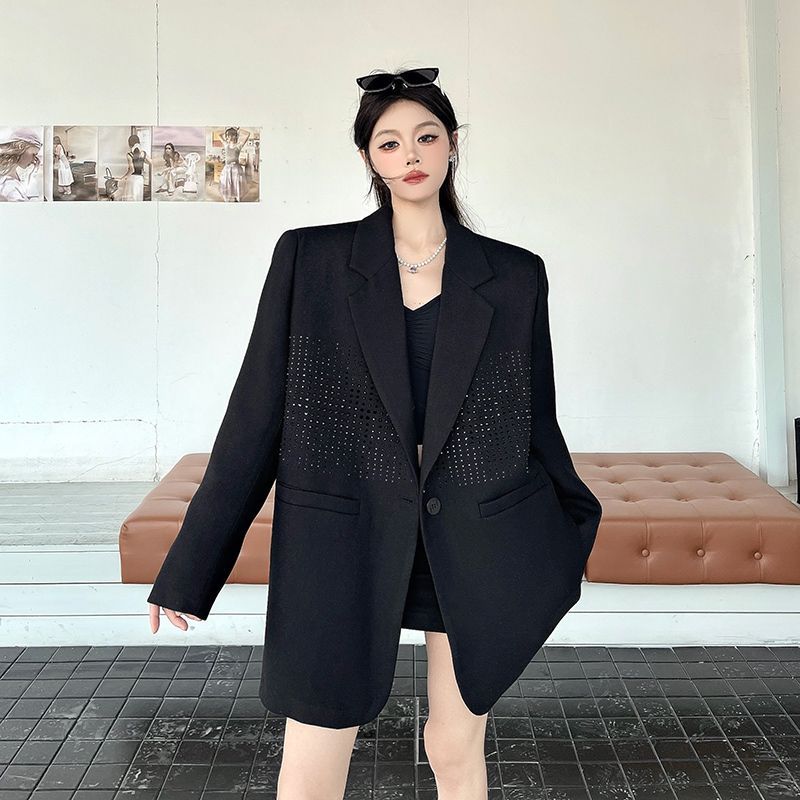 Spring Autumn High Sense Black Blazer Women Light Luxury Rhinestone Niche Design Padded Shoulder Oversized Trendy Fashion Coat