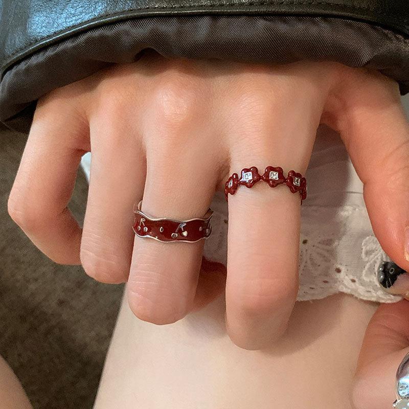 Red Oil Drop Flower Cherry Open Ring Women'S Niche Design Sense Light Luxury Elegant Fashion Versatile Ring Ring