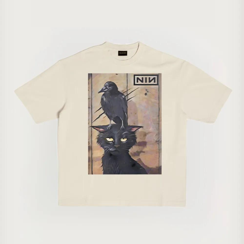 Crow And Cat And Industrial Rock Band Classic Tshirt Oversized Printed Round Neck Tshirt