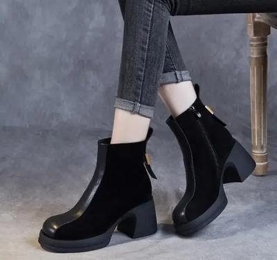 7 см осенне-зимние теплые ботильоны для женщин на плоской подошве из натуральной кожи с эластичной замшей на молнии сзади 2025 года, короткие женские ботинки