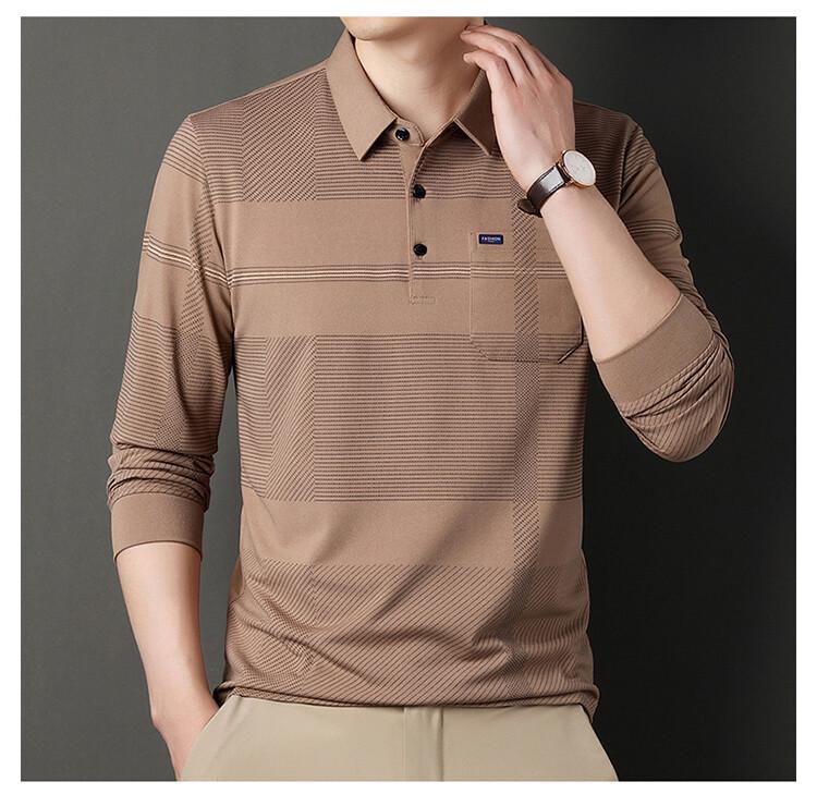 Мужское поло из хлопка в полоску на осень - С длинным рукавом, отложным воротником, дышащее, повседневная деловая рубашка