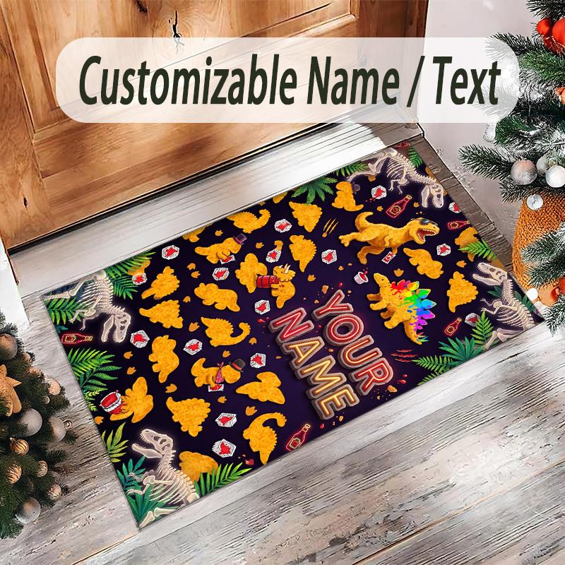 Dinosaur Theme Crystal Velvet Rug Personalized Custom Name Text Soft Floor Mat Home Decor