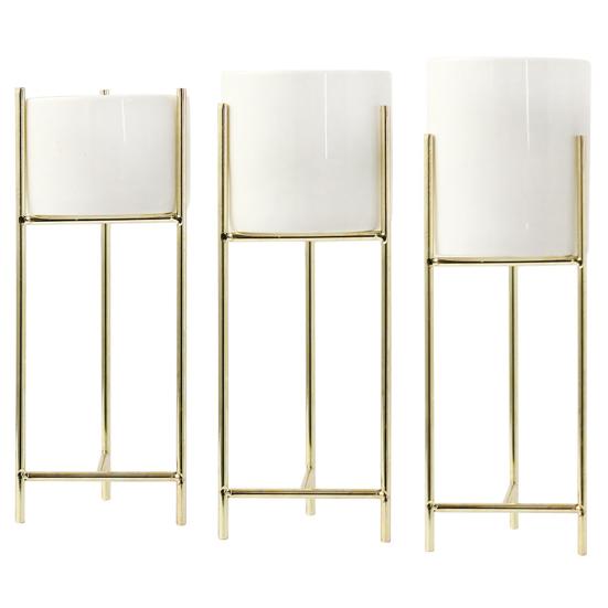 1 Set Flower Pot Stylish Iron Frame Flower Stand Elegant Ceramic Flowerpot for Home Office Room Decoration