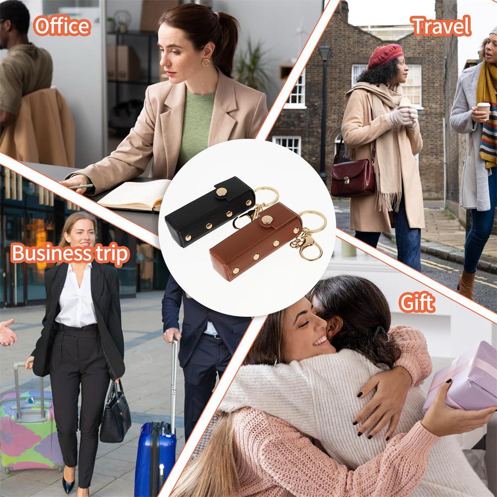 Lip Gloss Lipstick Bag Keychain Holder Solid Leather Chapstick Pouch Key Ring Portable Lip Balm Bottle Packaging Cover Key Chain