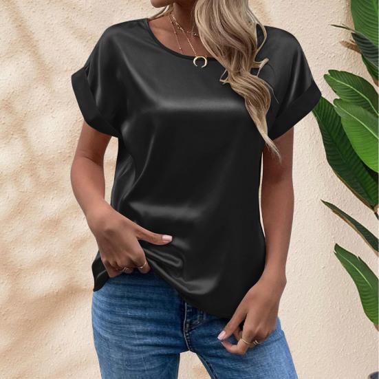 O-Neck Short Sleeve Loose Fit Women T-shirt Solid Color Smooth Satin Tops Streetwear