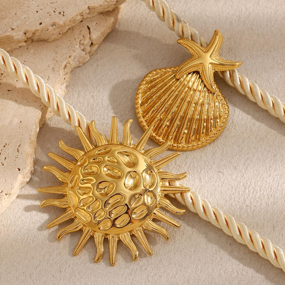 E.B.belle Exaggerated Woven Thick Rope Sun Starfish Pendant Necklace PVD Plated Stainless Steel Summer Holiday Jewelry