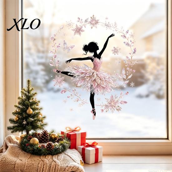 Floor to Ceiling Glass Stickers Christmas Ballet Girl Static Window Clings, Removable Xmas Decals, Winter Non Adhesive Residue Film Ballerina Elf for