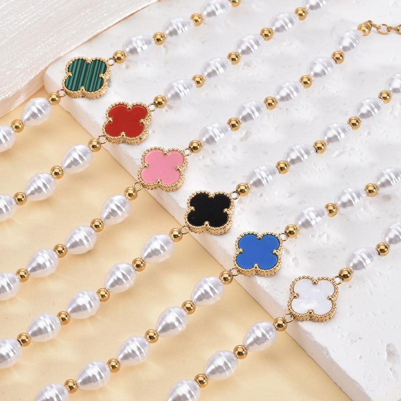 15MM Titanium Steel Fashion Four-leaf Clover Bracelet Ladies Pearl Bracelet Women's Bangles