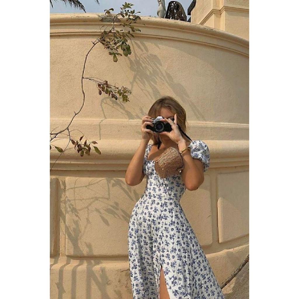 Women's Slit Loose Cut Skirt Collar Tie Detail Short Sleeve Blue Floral White Summer Dress