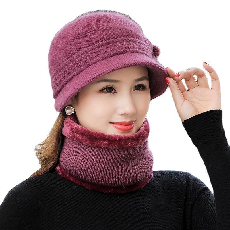 Женская осенне-зимняя вязаная шапка из кроличьего пуха с модным цветком