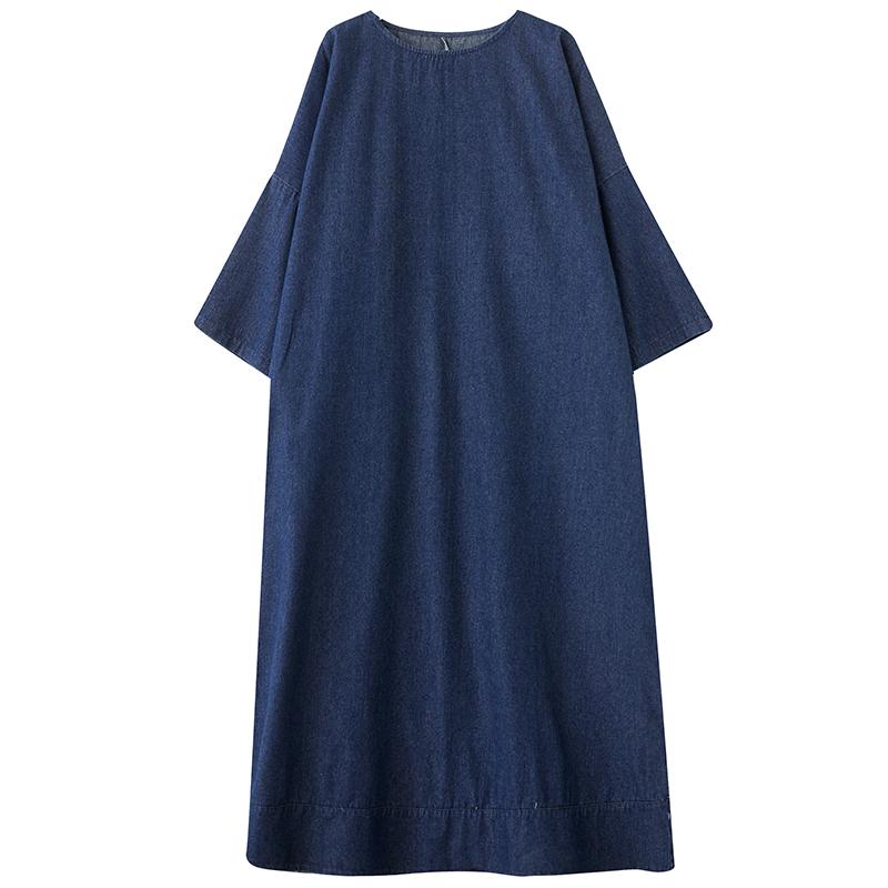 Dimanaf 2025 Women Plus Size Dress Solid Fashion Casual Denim Basic Long Dress Cotton Vintage Loose Blue Clothing
