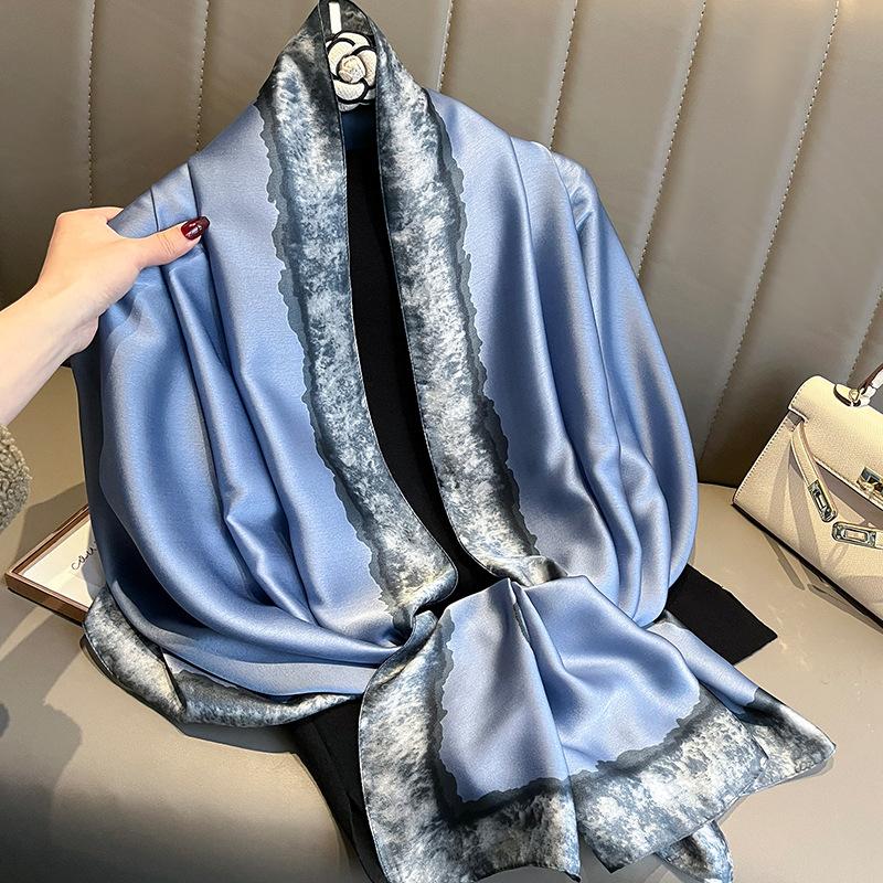 90X180CM Spring and Autumn Blue Camellia Fashion Summer Sunscreen Beach Scarves Scarves Shawl Temperament Scarf Holiday Scarf