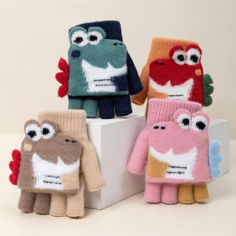 Unisex autumn and winter cartoon cute half finger flip knitted wool cold and warm primary school children's gloves