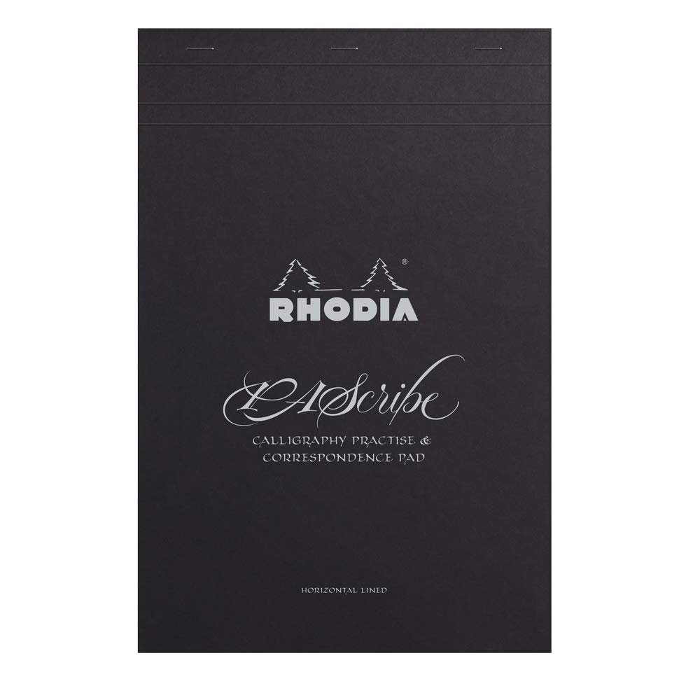 Rhodia PAScribe Calligraphy Pad, A4+ (21 X 31.8 Cm), 60 Sheets, 6mm Ruled, 120g/m², Perforated, Acid-Free, PEFC Certified, Black, RHODIA Cf19005
