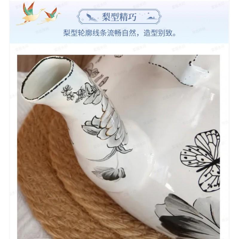Enamel Coffee Pot Pear-Shaped Water Kettle Gold Handle 1.5L 2L 2.5L White Base With Peony