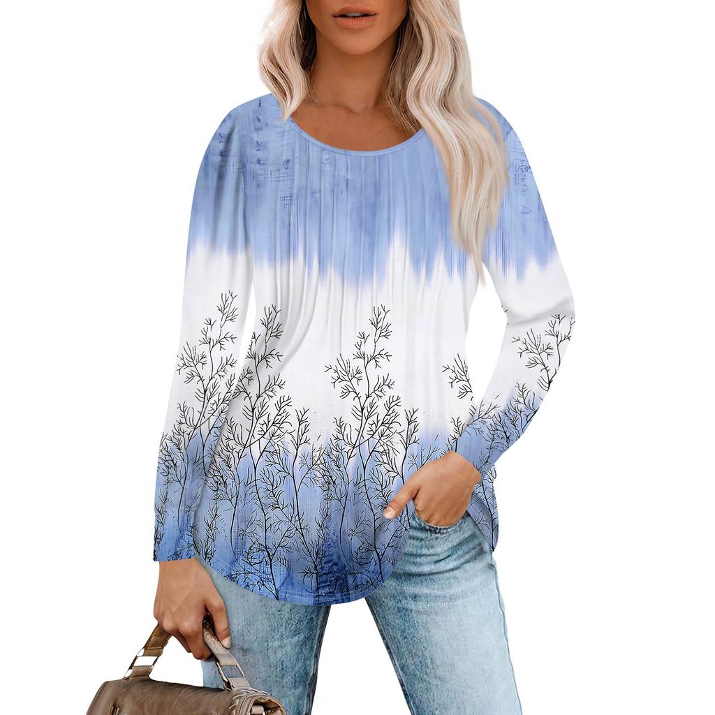 Рубашки с длинным рукавом для женщин, топы, нарядные повседневные блузки, плиссированные топы-туники с круглым вырезом