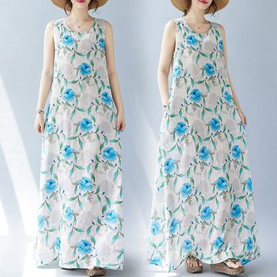 Летнее свободное платье без рукавов с круглым вырезом и принтом средней длины для женщин, повседневные платья
