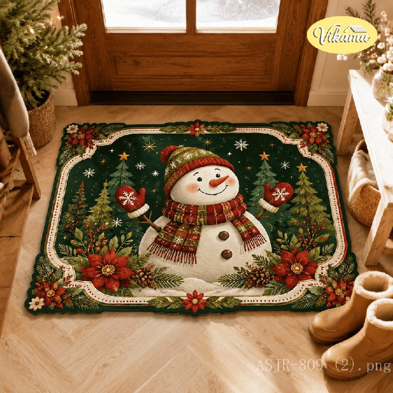 Christmas Snowman Wreath Printed Doormat Anti‑Slip Wear‑Resistant Floor Mat For Entrance Porch Home Decor